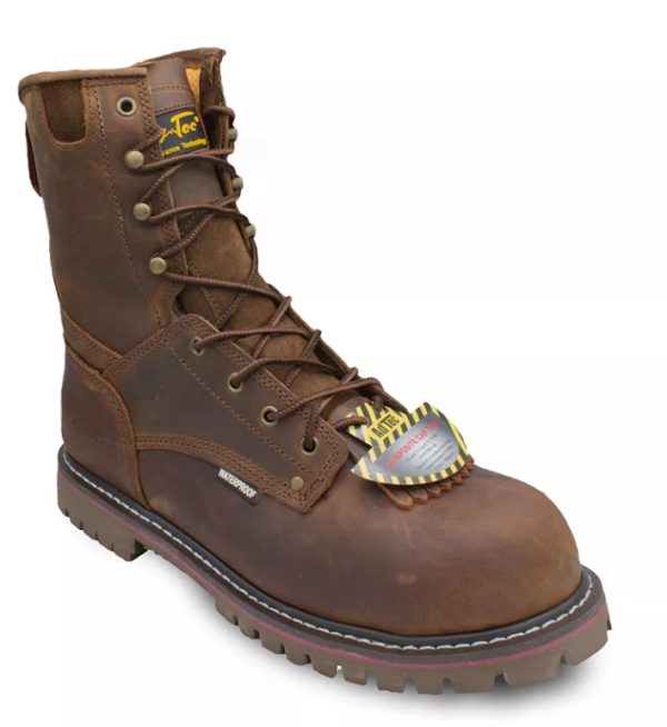 A brown work boot with a heart on the side of it.