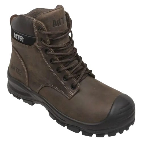 A brown work boot with black laces.