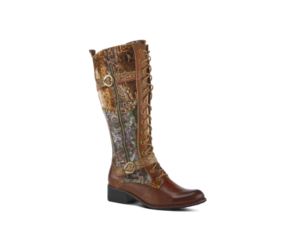 A pair of boots with a brown and floral pattern.