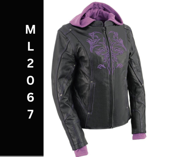 Milwaukee Leather ML2067 Women's 3/4 Black and Purple Leather Hoodie Jacket with Reflective Tribal Design